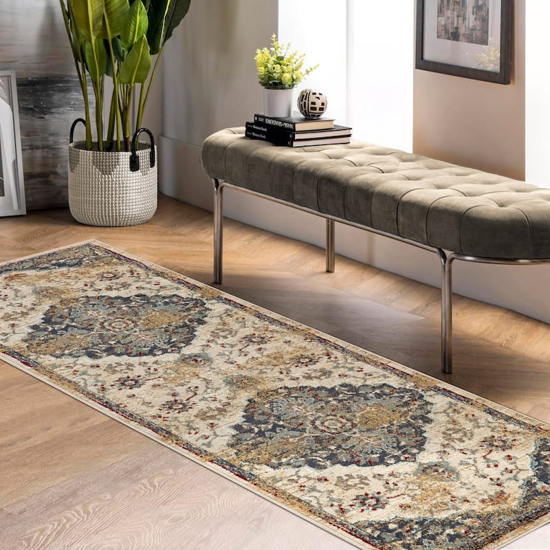 Traditional Floral Medallion Indoor Runner or Area Rug by Superior - 2' 7" x 8' - Blue-Cream