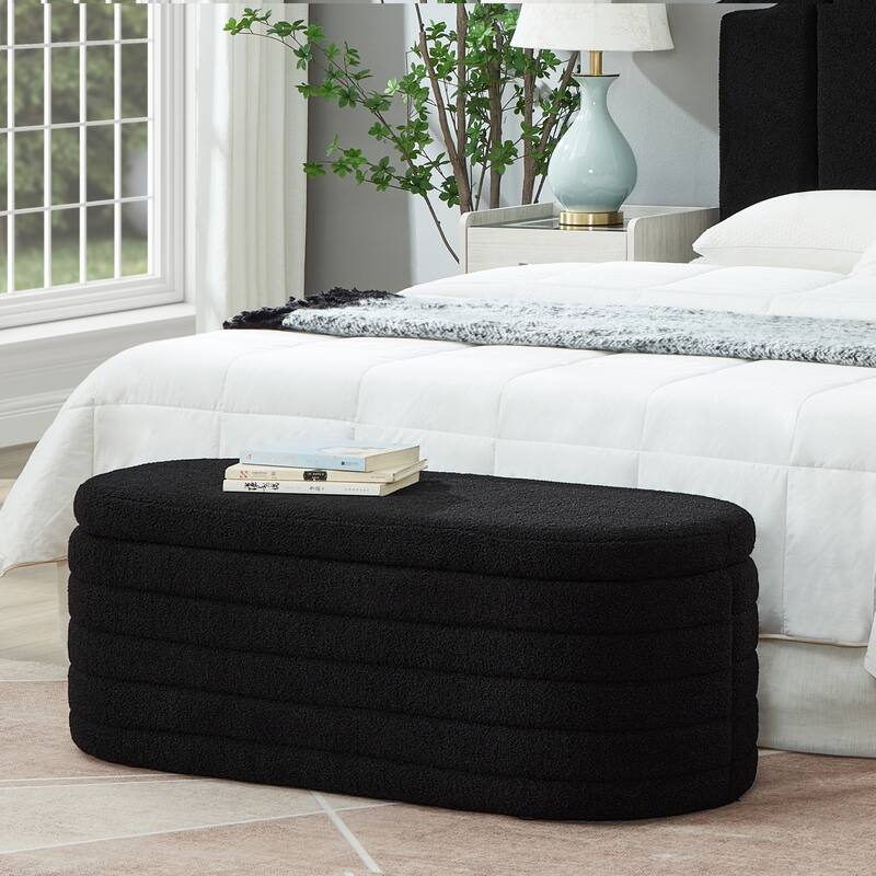 Boucle Teddy Fabric Storage Ottoman Bench with Safety Hinge for Entryway - Black