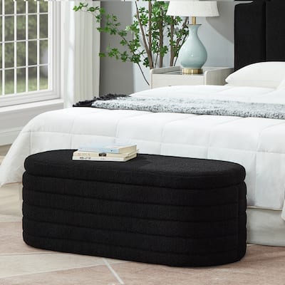 Modern Oval Storage Ottoman Bench, Upholstered Boucle Teddy Fabric Bench with Storage