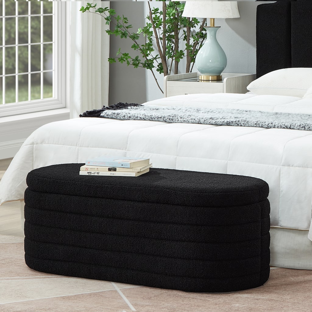Modern Oval Storage Ottoman Bench Black Boucle Teddy Fabric for Bedroom Living Room