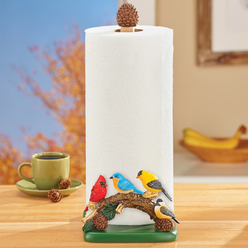 Hand-Painted Songbirds on Branch Paper Towel Holder - 7.18 x 13.38 x 5.63 - Brown - 7.18 x 13.38 x 5.63