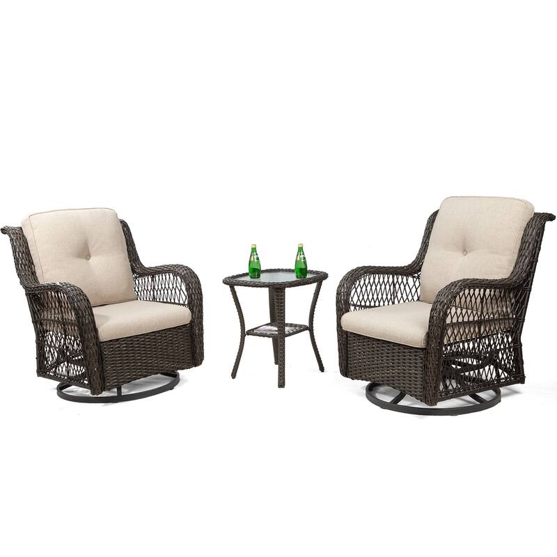3-Piece Outdoor Brown Wicker Swivel Rocking Chairs Set
