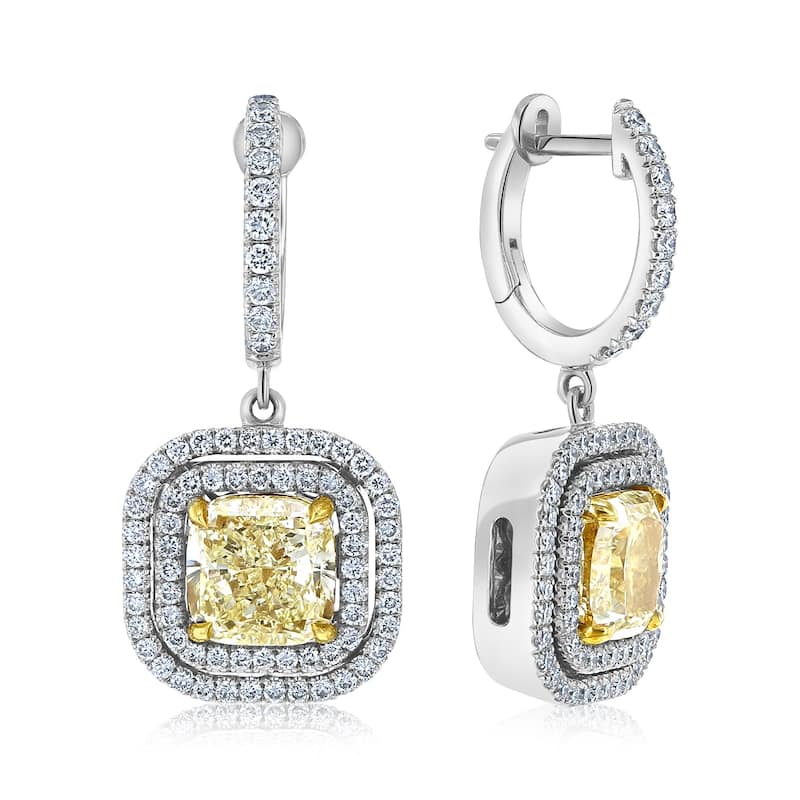 Kobelli 6.21 Carat Yellow Diamond 18k Solid White Gold Square Double Halo Liora Dangle Earrings