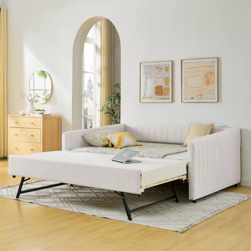 Roomfitters Twin/Full Daybed with Trundle Upholstered Sofa Bed Frame with Vertical Stripes Linen Design, Grey