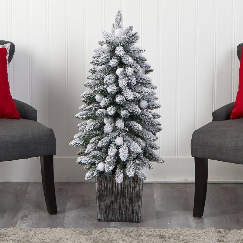 3ft. Flocked Fir Artificial Christmas Tree with 127 Branches & 20 LED Globe Lights in Planter - Cute Holiday X-Mas Accent