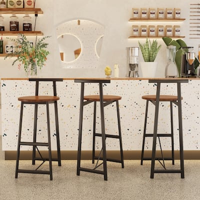 27''H Barstool Set of 3 Wooden Round Bar Stools with Footrest, Easy Assembly, for Dining Room, Kitchen
