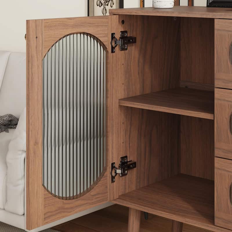 Natural Wood Accent Cabinet with 3 Drawers and Door, Storage Sideboard with Shelves for Living Room or Entryway