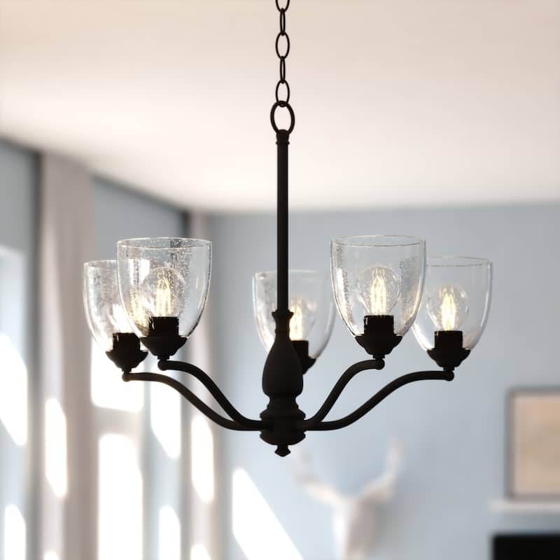 Bellwood 5-Light Traditional Chandelier, Glass Shade, Pendant Fixture for Dining Table Kitchen Entryway Bedroom Island - Matte Black - 24.5-in W x 19.25-in H x 24.5-in D