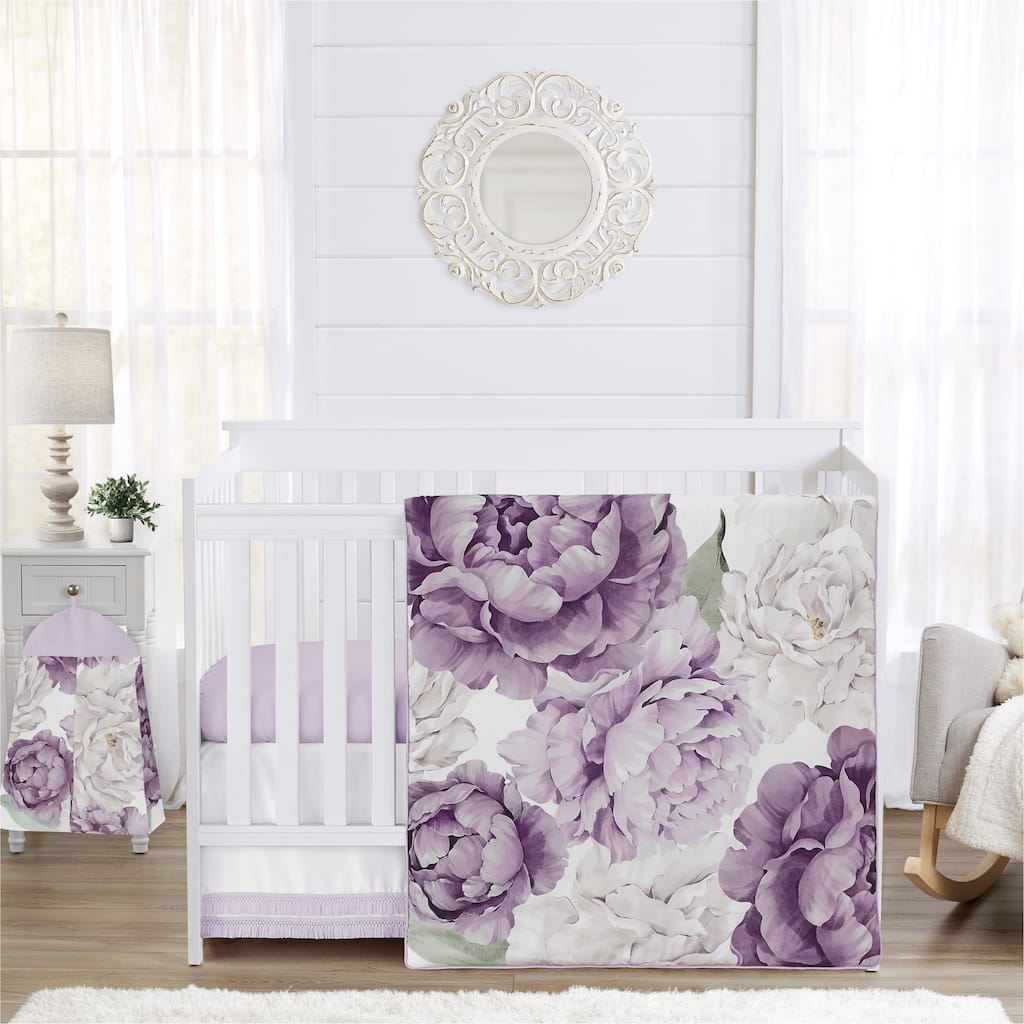 Sweet Jojo Designs Lavender Purple Boho Shabby Chic Floral Girl 4pc Nursery Crib Bedding Set Ivory Bohemian Vintage Watercolor