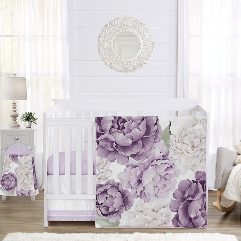 Sweet Jojo Designs Lavender Purple Boho Shabby Chic Floral Girl 4pc Nursery Crib Bedding Set Ivory Bohemian Vintage Watercolor
