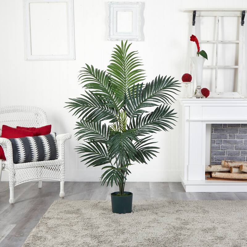 Artificial Bamboo Palm Plant 5ft Tall in White Planter with Moss - Realistic Tropical Greenery for Home Decor - Green - 60
