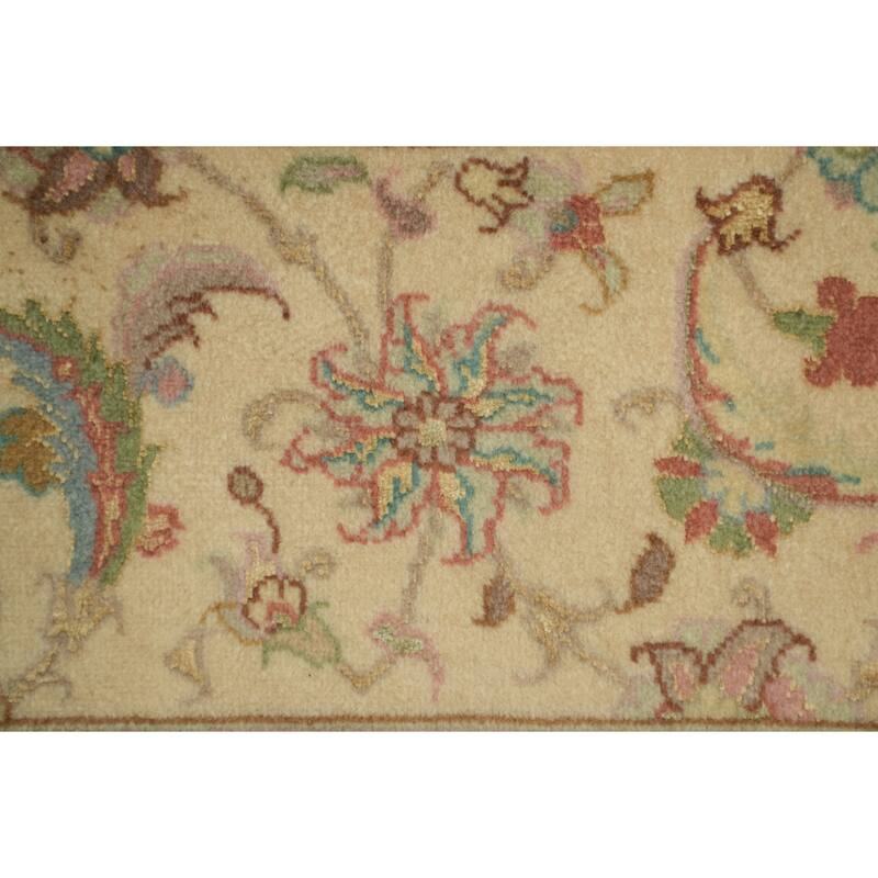 Hand Knotted Oriental Wool & Silk Carpet Traditional All-Over Beige & Ivories Tabriz Area Rug - 9' 9'' X 6' 8''