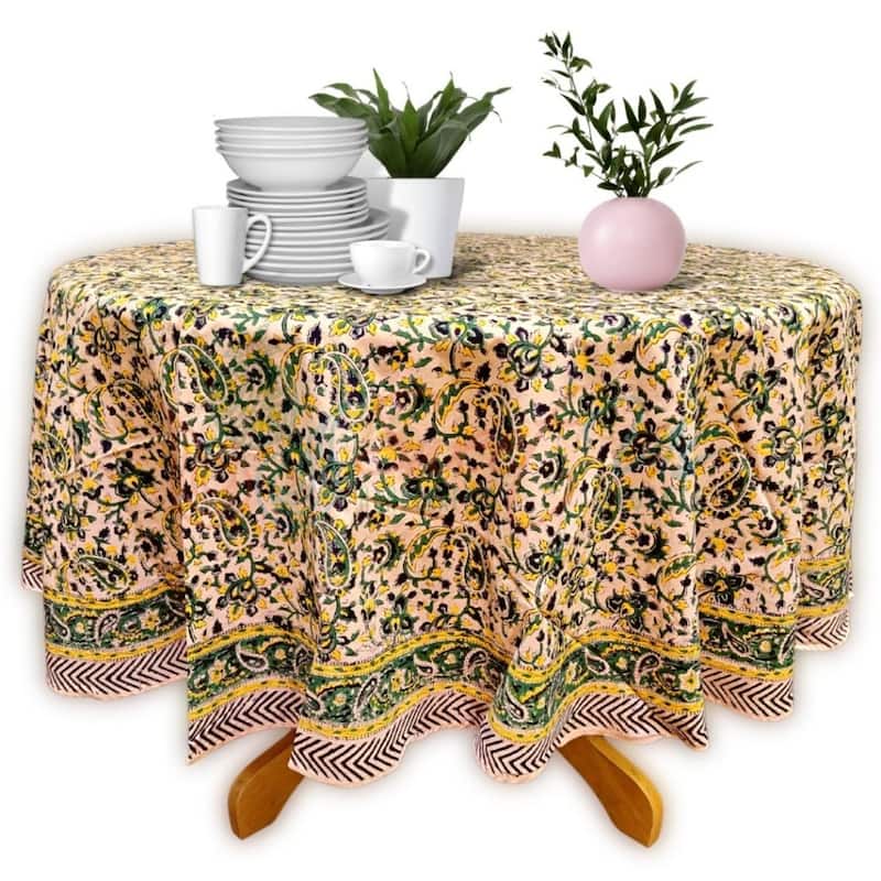Block Print Tablecloth Round, Floral Paisley Love Gold - Paisley Love, Black Green Yellow - 72 in. Round - Paisley Love, Black Green Yellow