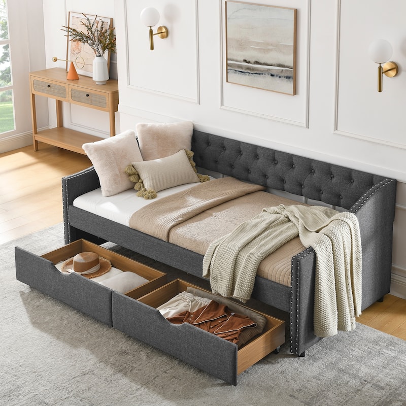 Tufted Button Daybed with 2 Storage Drawers/Upholstered Sofa Bed Frame w/Copper Nail on Waved Shape Armrests/No Spring Box Need