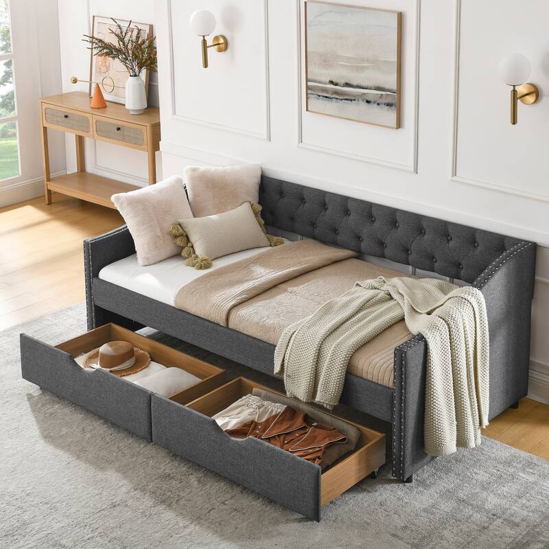 Twin Size Linen Upholstered Daybed Frame with 2 Drawers & Tufted Backrest