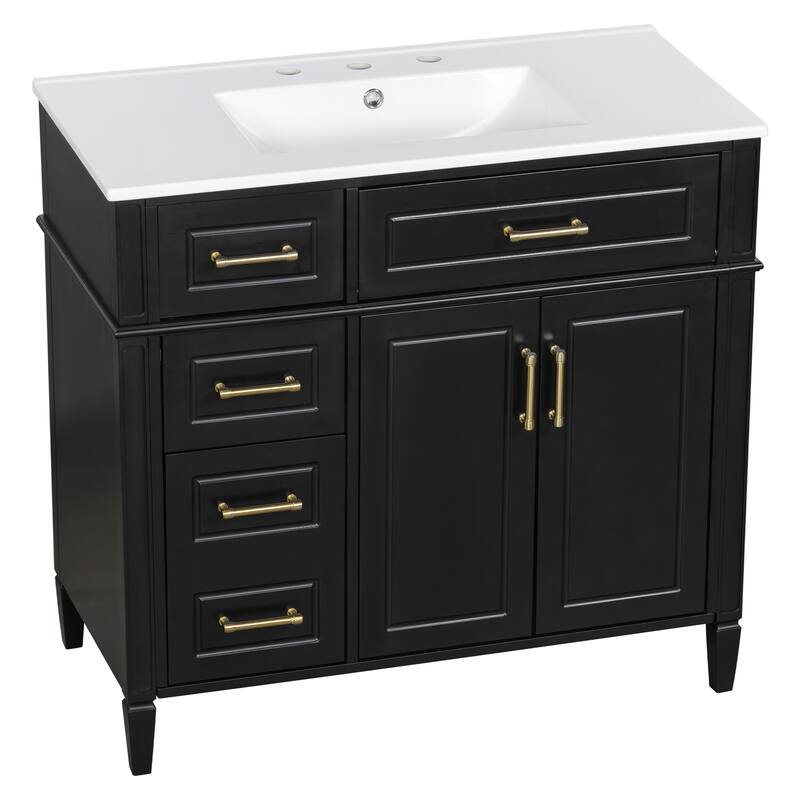 Roomfitters 36" Bathroom Vanity with Sink, Solid Pinewood Frame, 4 Drawers, Soft-Close Doors & Adjustable Shelf