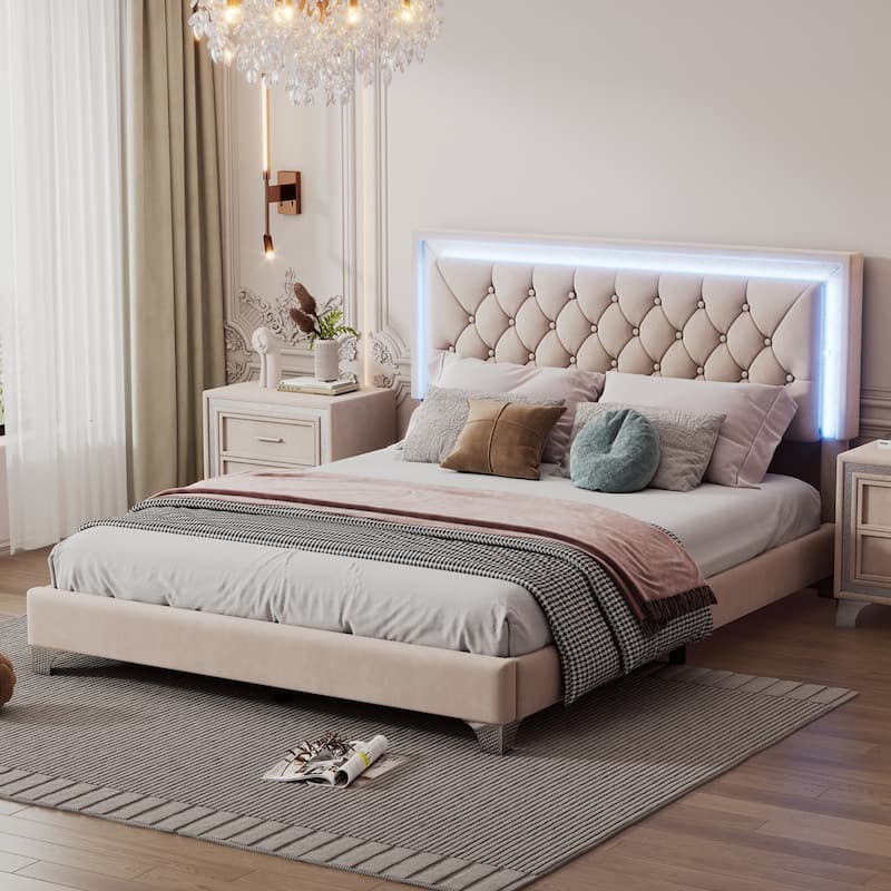 Queen Size Upholstered Bed Frame with LED Lights