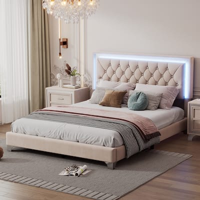 Upholstered Bed Frame with LED Lights,Modern Velvet Platform Bed
