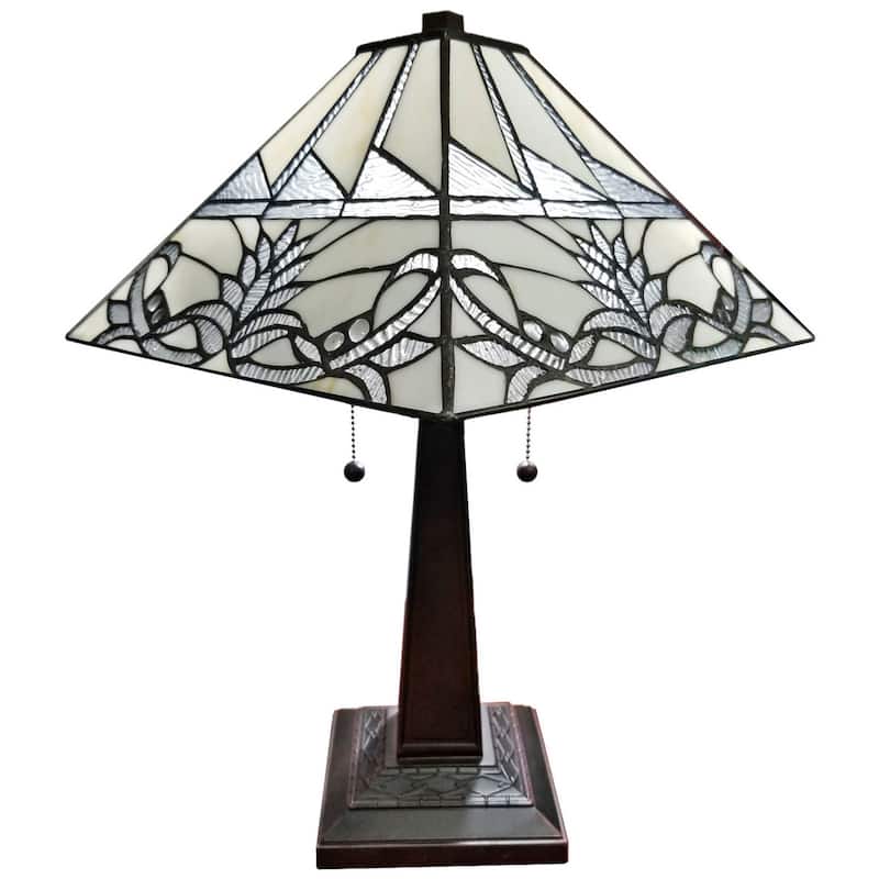 Tiffany Style Table Lamp Mission 22" Tall Stained Glass Tan Floral Flower Decor Bedroom Handmade Gift Amora Lighting