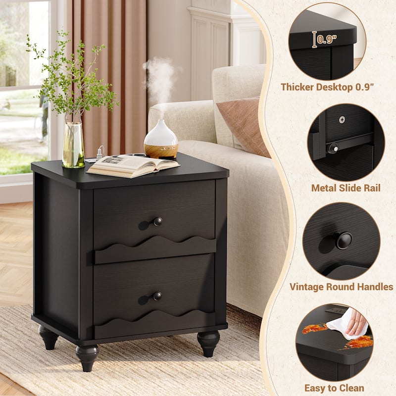 Modern Nightstand with Charging Station, Side End Table with 2 Drawers