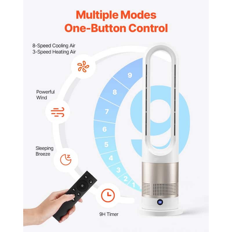 Bladeless 26-inch 8 Speed Oscillating Tower Fan with Quiet Operation and 3 Heat Levels 9-Hour Timer - 7.1 x 26.6 inch