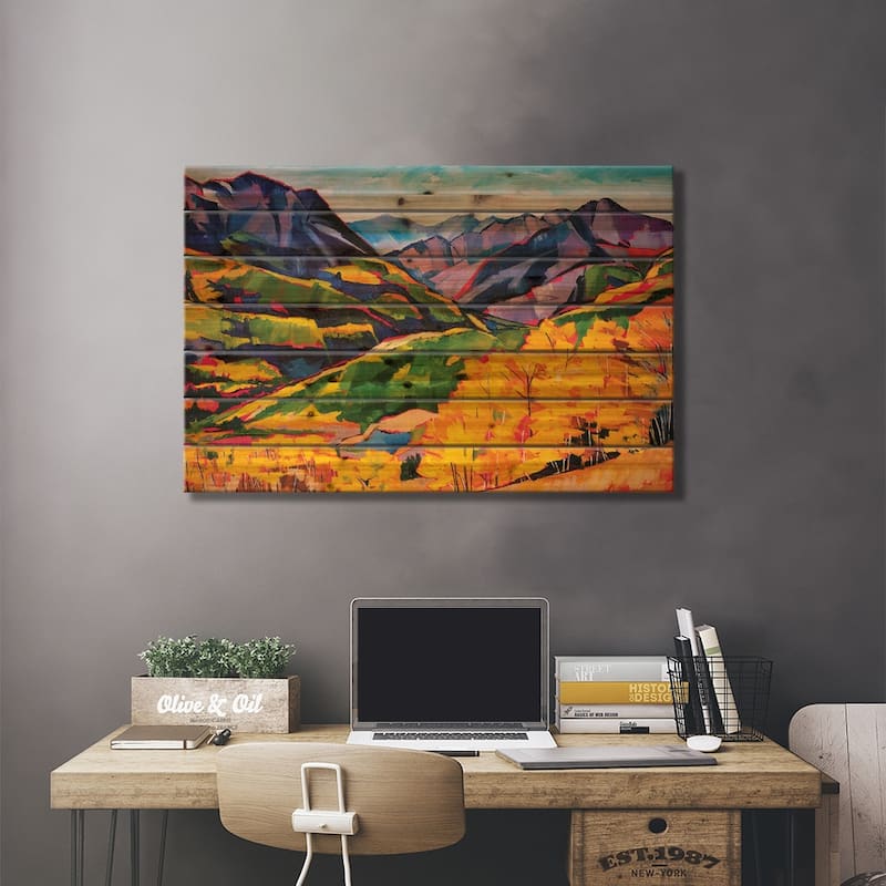 Autumn In The Mountains Print On Wood by Maxine Shore - Multi-Color