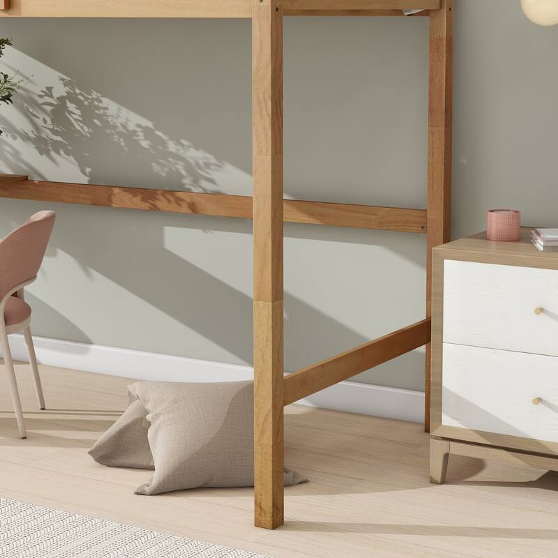 Twin Size High Loft Bed with Desk Underneath, Rubberwood Frame, Safety Guardrail and Ladder for Teens, Kids, Dorm or Bedroom