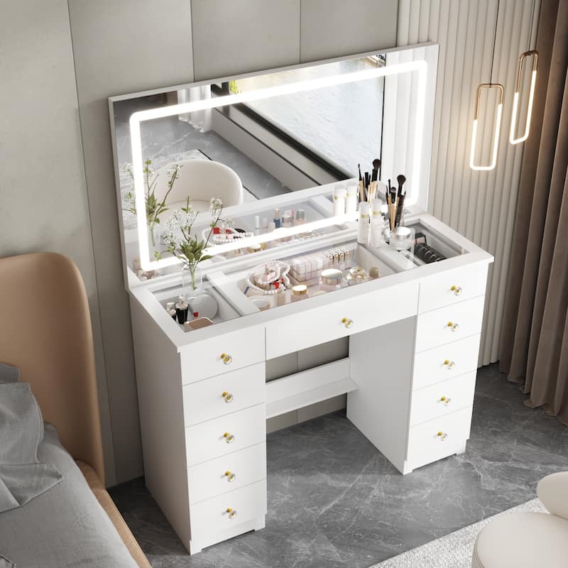 LED Lighted Makeup Vanity w/10 Drawer Modern Dressing Table for Bedroom Glass Top Vanity Table