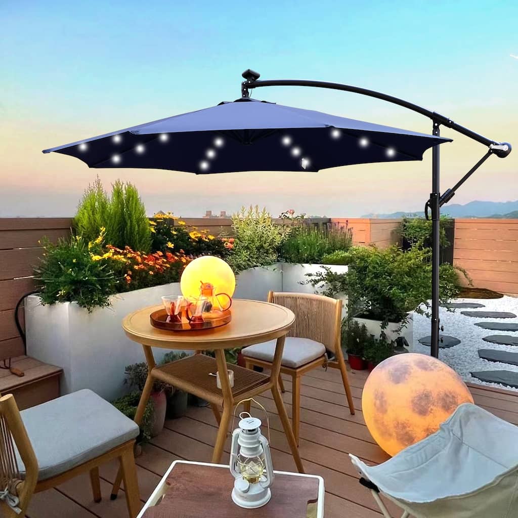 10 ft Solar Powered LED Patio Umbrella with Crank and Cross Base for Outdoor Use