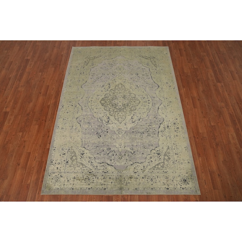 Machine Made Oriental Polyester Carpet Traditional Floral Green Tabriz Area Rug - 7' 5'' X 5' 2''