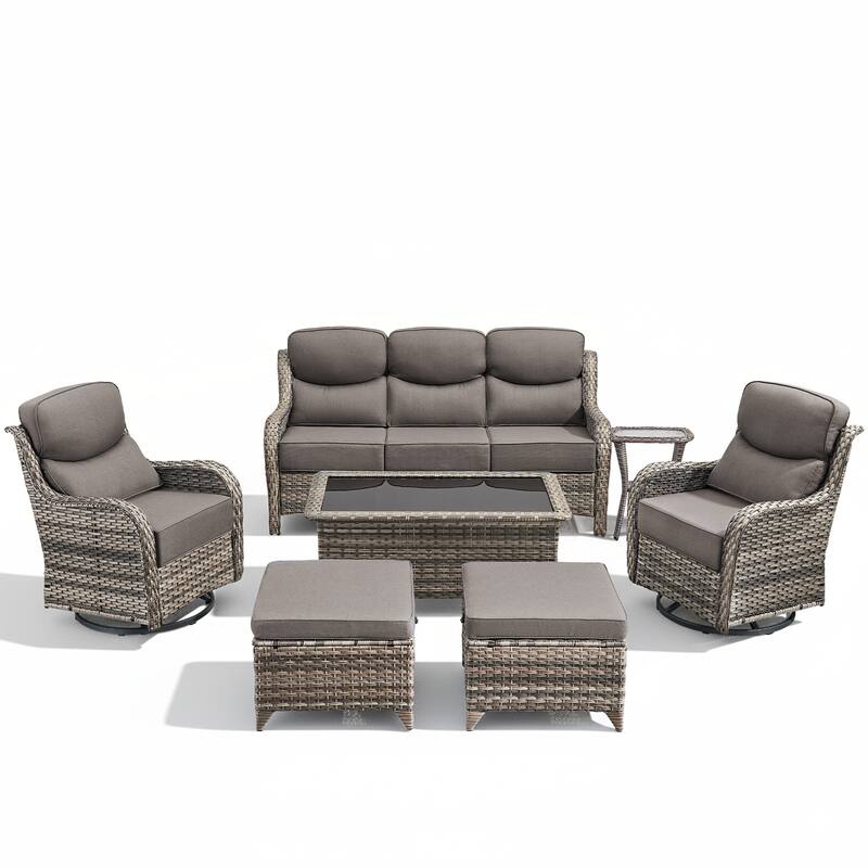 Meyreso 7-Piece Wicker Patio Conversation Set with Swivel Gliders and 6-Inch Thick Cushions