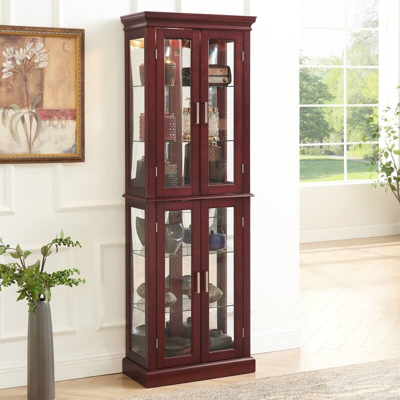 Lighted Curio Display Cabinet with Tempered Glass Doors, Curio Cabinet with Adjustable Shelves & Mirrored Back Panel