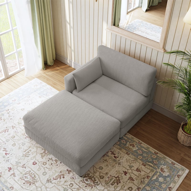 Modern Corduroy Upholstered Sectional Chaise Lounge with Ottoman