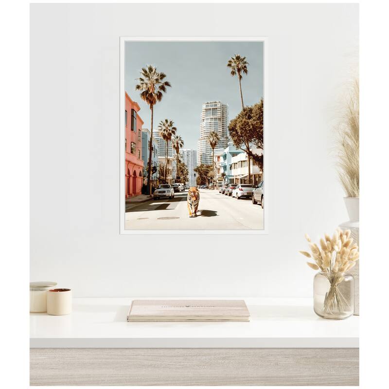 Kate and Laurel Sylvie California Tiger Roaming through Palm Springs Framed Canvas by Michael Schauer