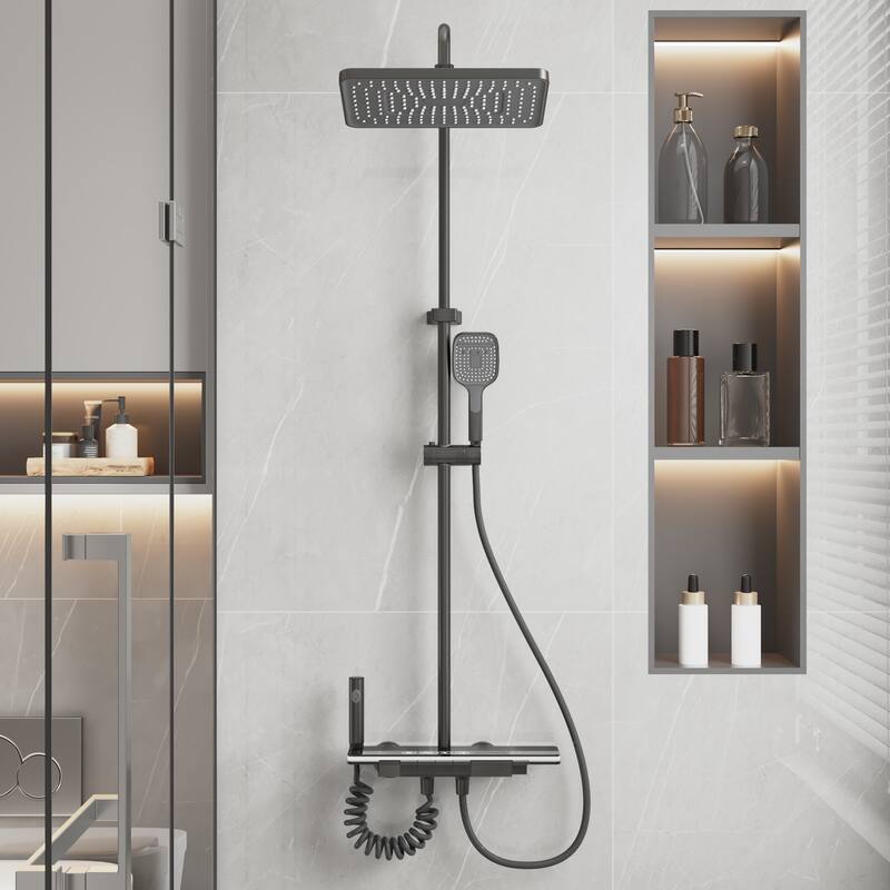 4-In-1 Rainfall Shower System with LED Temperature Display, Gunmetal Gray Shower Faucet Set with Handheld Shower, Spray Gun