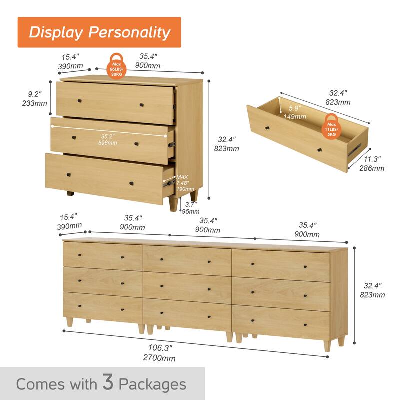 9-Drawer Dresser and Nightstand Set for Bedroom, 106.2" Wide