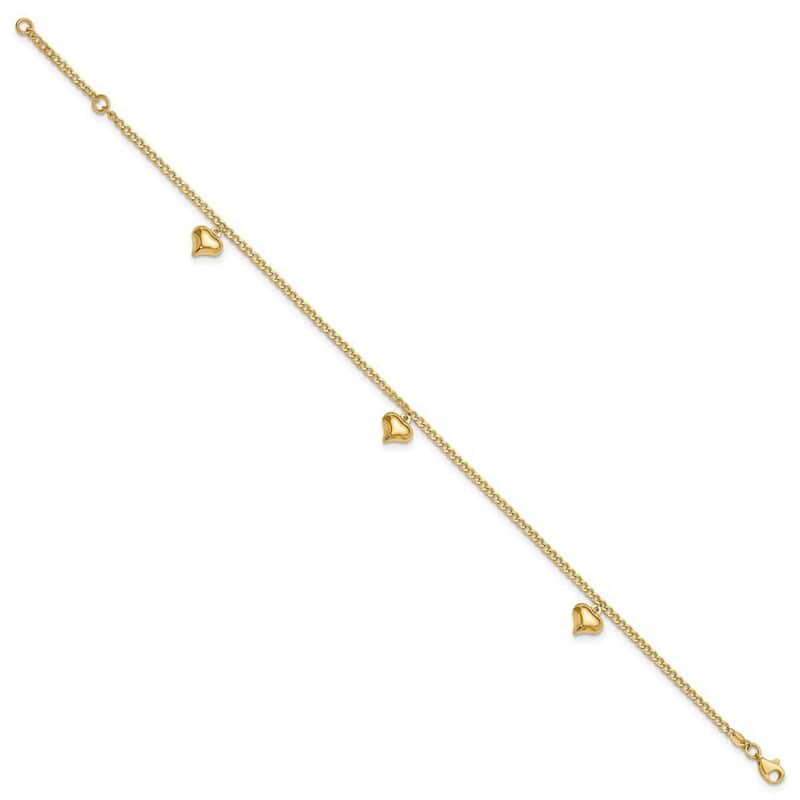 Curata 14k Yellow Gold 9+1" Polished Dangling Puffed Heart Station Curb Chain Anklet (Lobster-claw)