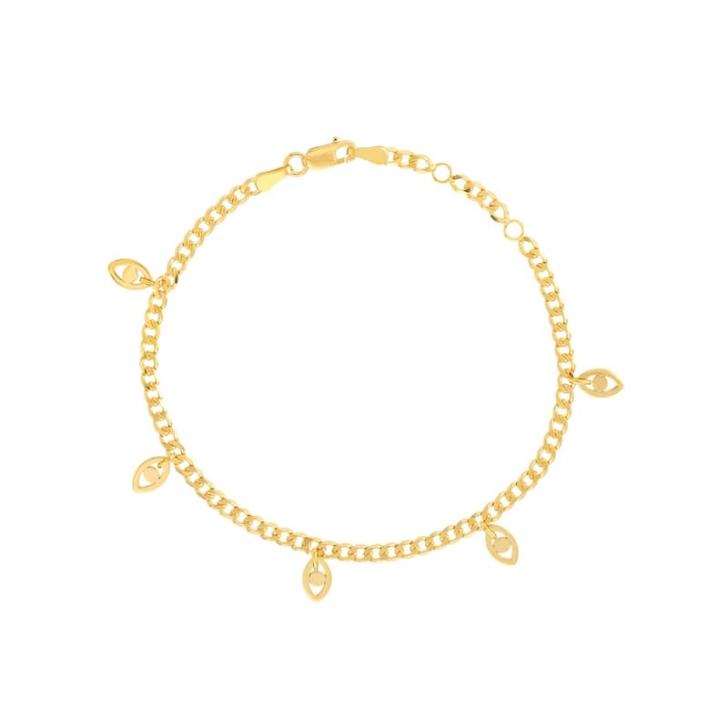 Curata 14k Yellow Gold 7.25" Dangling Evil Eye Curb Chain Bracelet