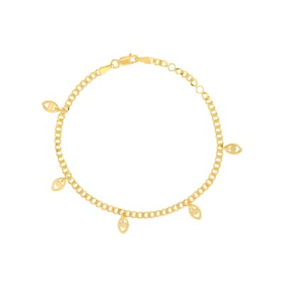 Curata 14k Yellow Gold 7.25" Dangling Evil Eye Curb Chain Bracelet