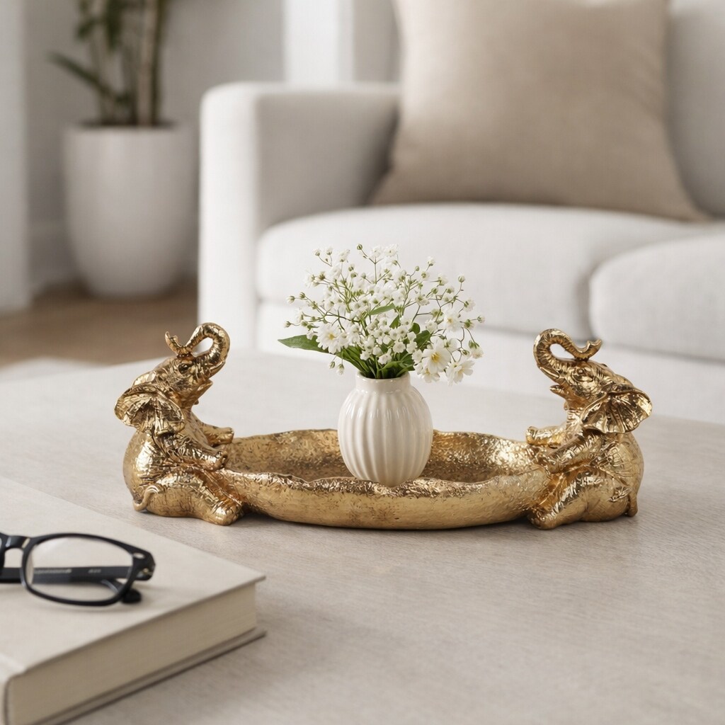 Resin Two Elephant Figurines Holding Bowl - Gold, 14" - 13.5"