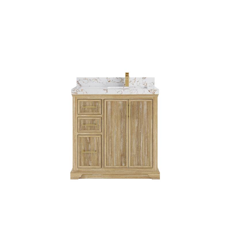 Willow Collections 36 x 22 Alys Solid Teak Right Offset Sink Bathroom Vanity with Quartz or Marble Countertop - 2"Viola Gold - Whitewashed