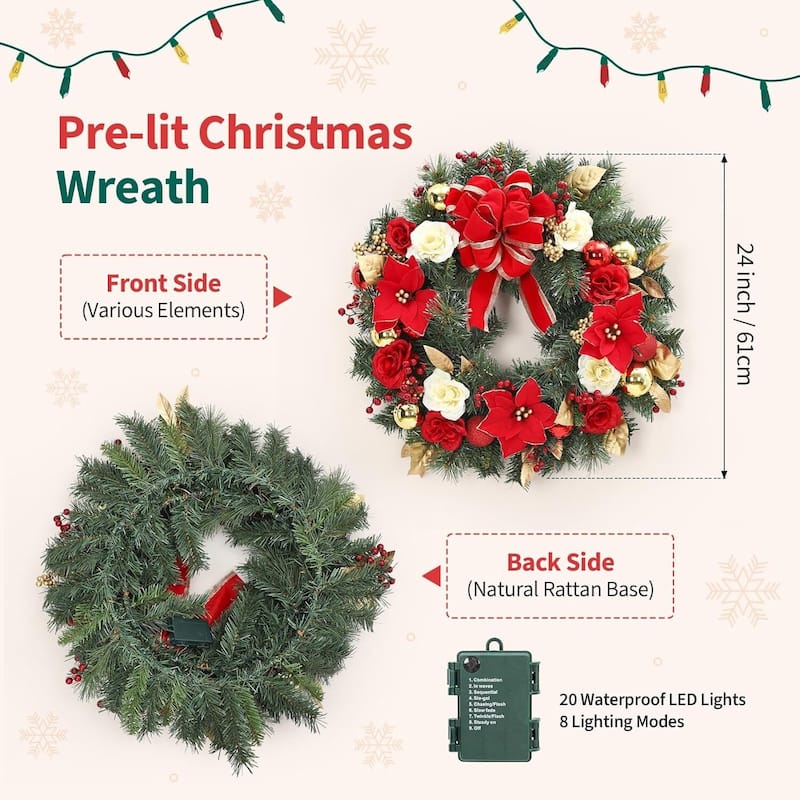24 Inch Pre-Lit Front Door Christmas Wreath with Red Bow, Lights - N/A