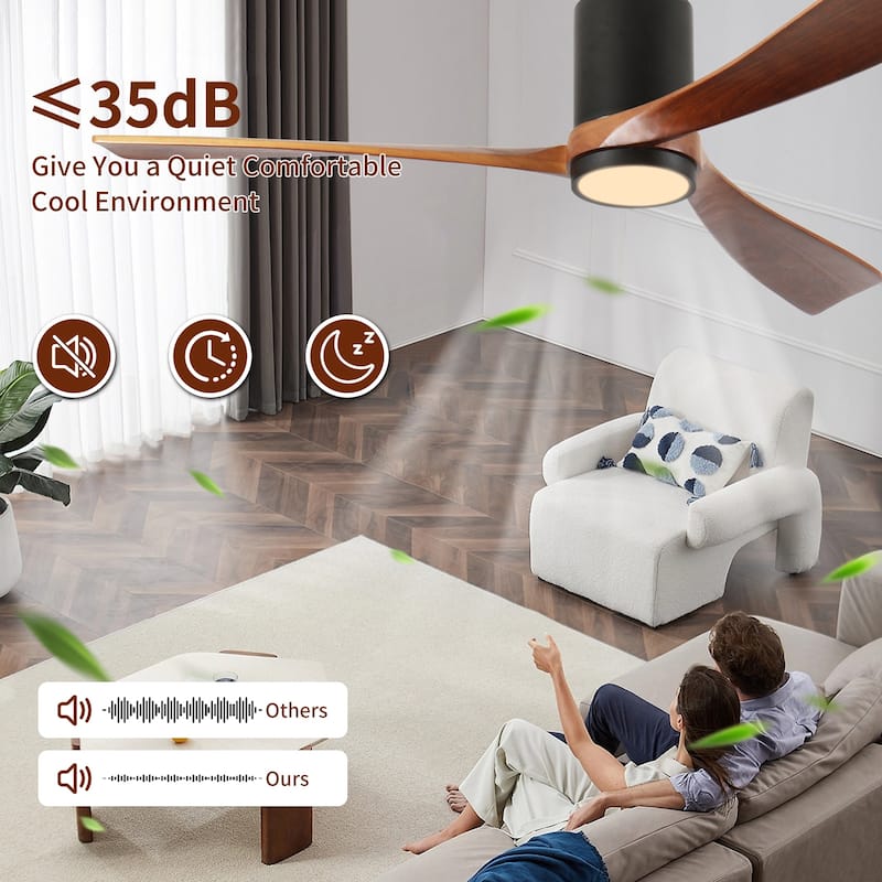 60 inch. LED Indoor/Outdoor Flush Mount Matte Black Ceiling Fan with Wood Blades, 6-Speed DC Remote Control