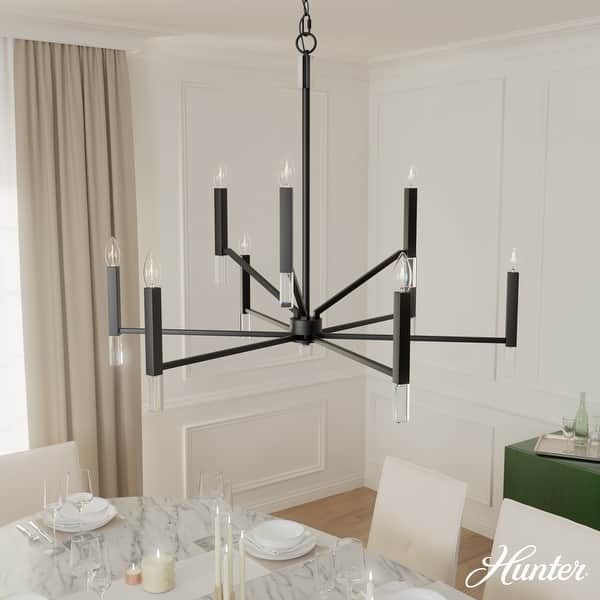 slide 2 of 15, Hunter Sunjai 9-Light 2-Tier Chandelier - Entry, Dining Room, Living Room - Candle, Geometric, Contemporary, Glam Matte Black