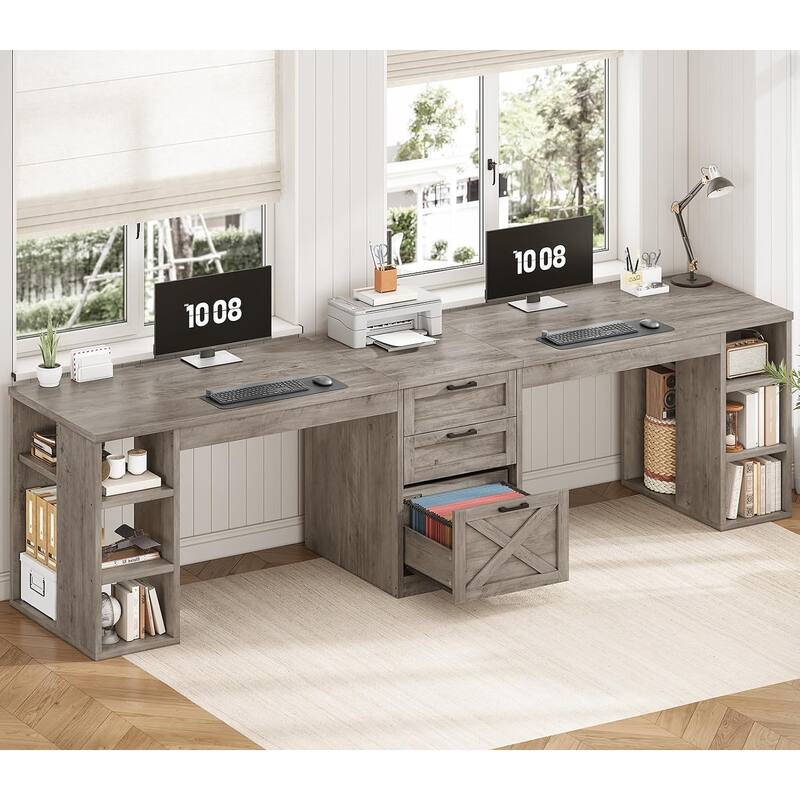 96.5" Computer Desk 3 Drawers Home Office Desk 8 Open Shelves - Grey