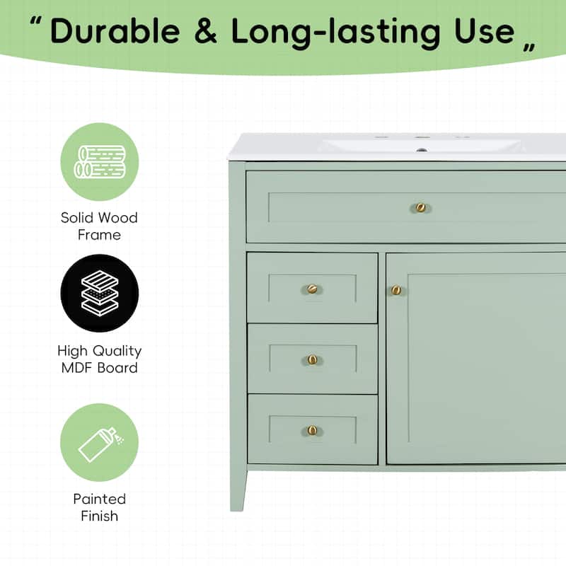 36-Inch Bathroom Vanity with Sink, Modern MDF and Rubberwood Cabinet with 3 Drawers and Adjustable Shelf, Freestanding Vanity