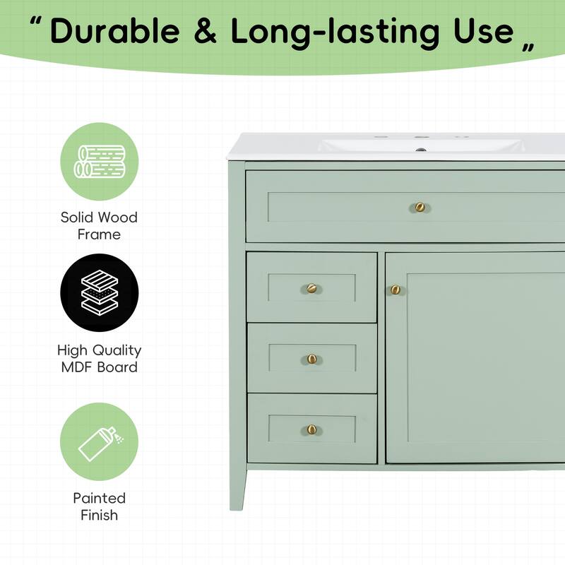 Roomfitters 36" Bathroom Vanity with Sink, Solid Wood Legs, 4 Drawers & Cabinet with Adjustable Shelf