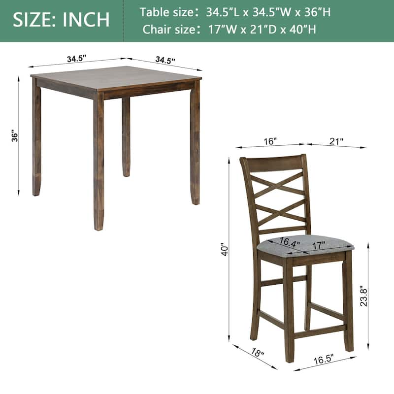 5-Piece Dining Set, 34.5" Wooden Counter Height Dining Table with 4 Chairs