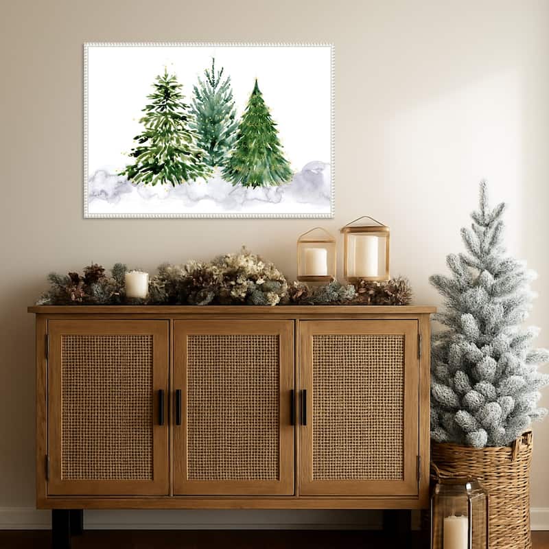 Three watercolor Christmas trees by Rosana Laiz Blursbyai Framed Canvas Wall Art Print