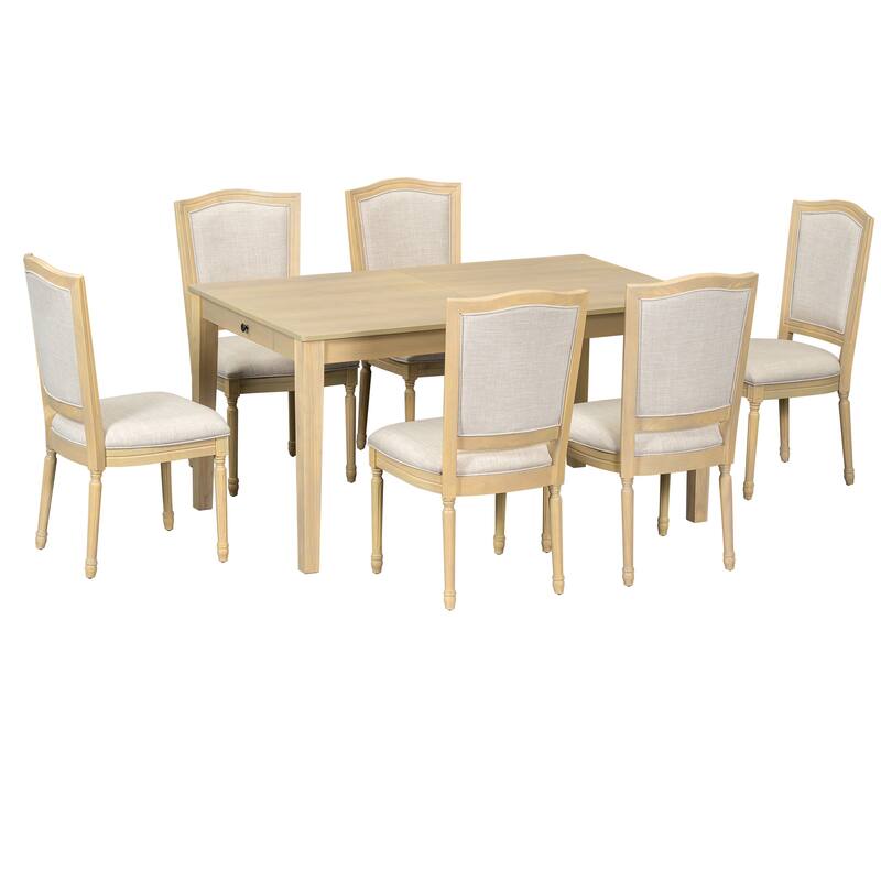 7 Piece Extendable Dining Table Set with 6 Upholstered Dining Chairs and 2 Built-in Drawers
